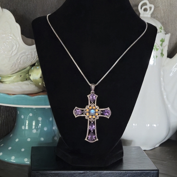NICKY BUTLER 925 Sterling Silver Cross Pendant Necklace Amethyst Moonstone NB